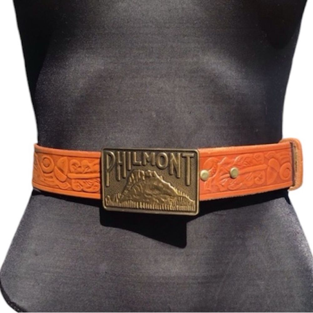 Philmont Cimarron N. M. Tooled Western Style Belt Brass Belt Buckle Size 34